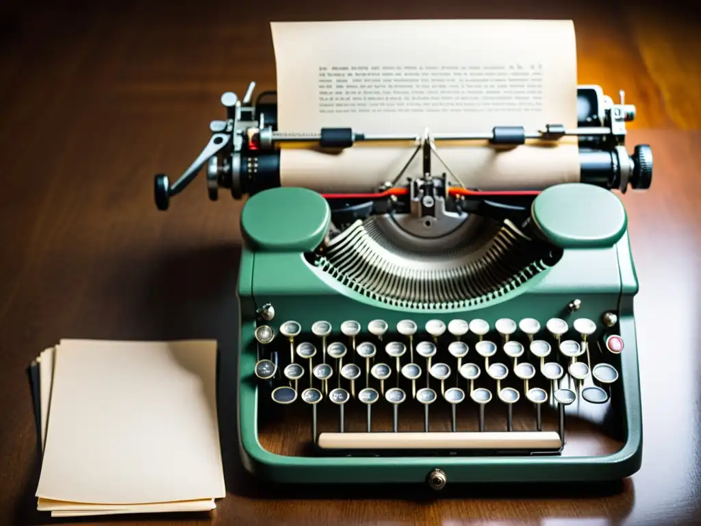 Una imagen de una elegante máquina de escribir vintage sobre un escritorio moderno, rodeada de libros, evocando la unión entre lo antiguo y lo nuevo