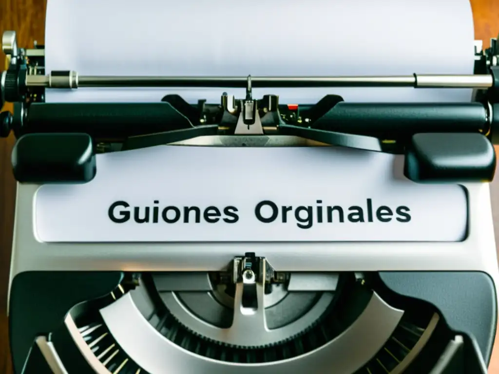 Una imagen evocadora de una máquina de escribir vintage sobre un escritorio moderno, con la frase 'guiones originales' escrita en negrita