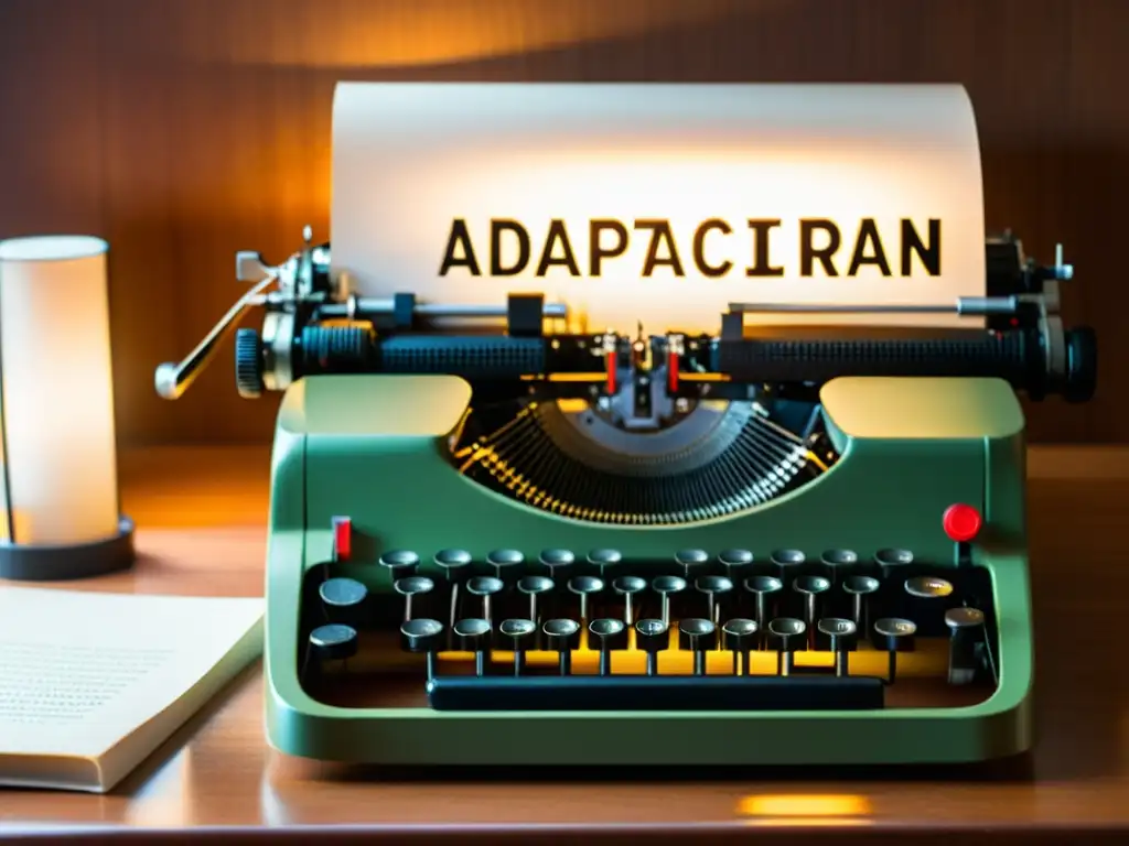 Una imagen evocadora de una máquina de escribir vintage con las palabras 'Adaptación Literaria' escritas, rodeada de un cálido resplandor