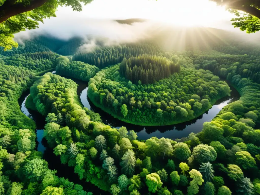 Bosque exuberante: biodiversidad y belleza natural Imagen de un exuberante bosque con diversa vegetación verde, árboles altos y arroyo, evocando casos exitosos marcas sostenibles