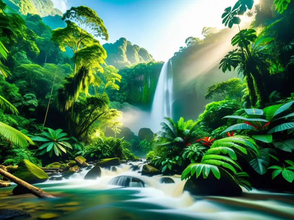 Imagen de exuberante selva tropical con diversa vida vegetal y río, mostrando la biodiversidad