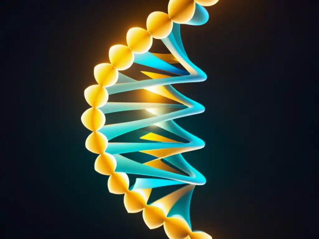 Una imagen futurista y abstracta de una doble hélice de ADN, rodeada de patrones vibrantes y formas geométricas, con un suave resplandor etéreo