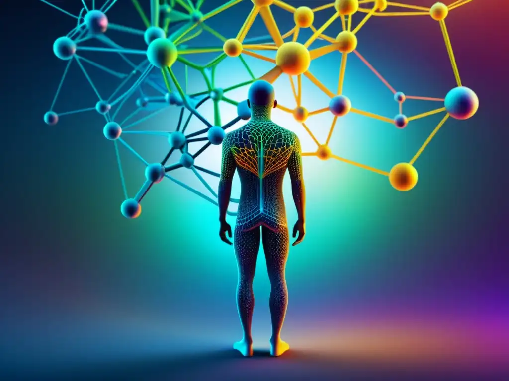 Imagen futurista abstracta de una red compleja de nodos y caminos, con colores vibrantes que representan el flujo de información y datos