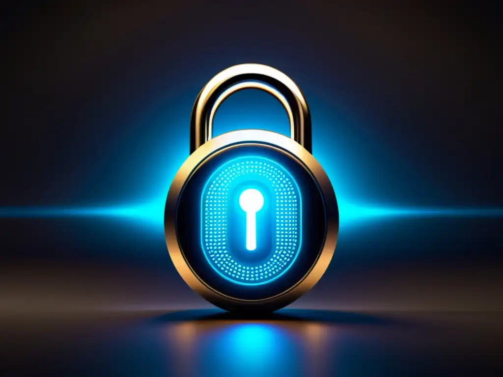Seguridad digital: Cerradura futurista para proteger obras musicales Imagen futurista de un candado digital con patrones de circuito y luces brillantes, simbolizando la protección moderna de obras electrónicas editoriales musicales en un fondo oscuro