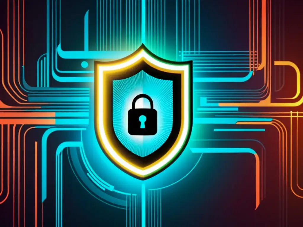 Ciberseguridad: Protegiendo la Propiedad Intelectual Imagen futurista de cerraduras y escudos digitales sobre líneas de código, simbolizando la protección de la propiedad intelectual en el ciberespacio