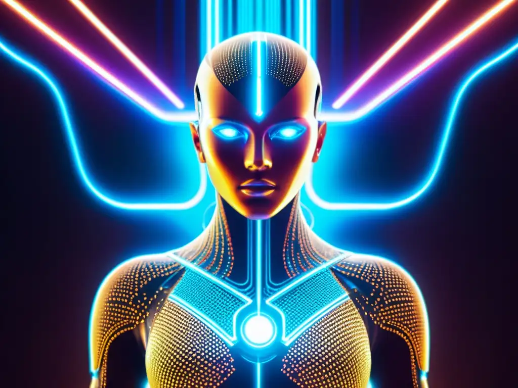 Una imagen futurista de inteligencia artificial con un androide metálico rodeado de circuitos y energía vibrante