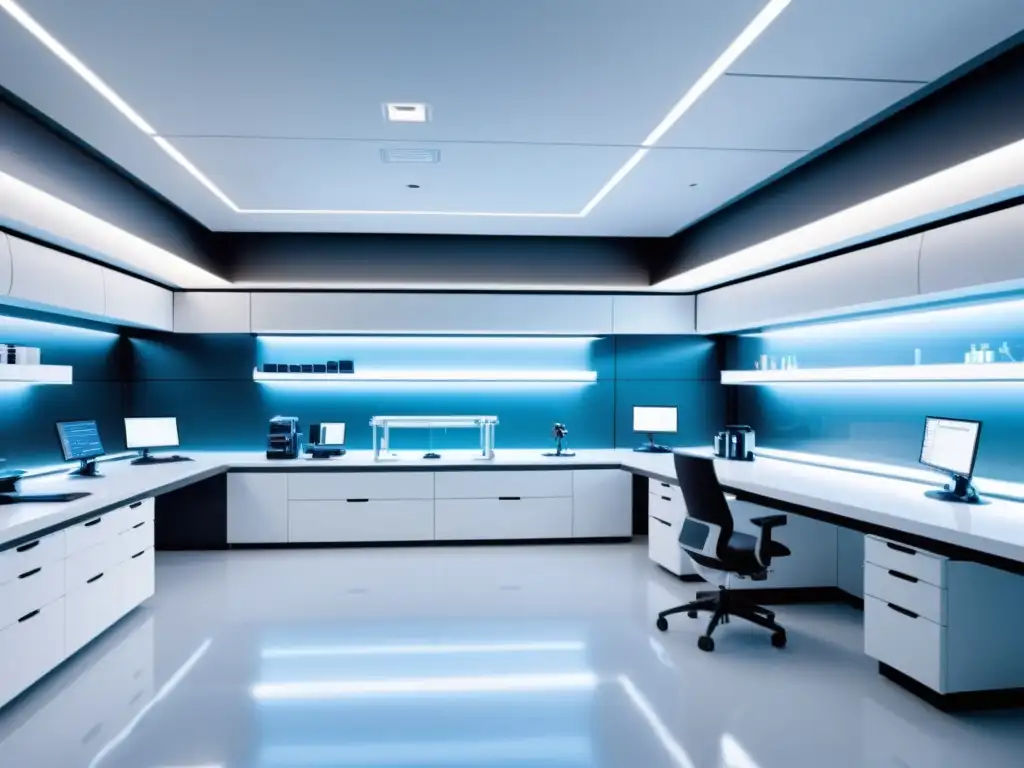 Imagen futurista de laboratorio farmacéutico con brazos robóticos y tecnología AI