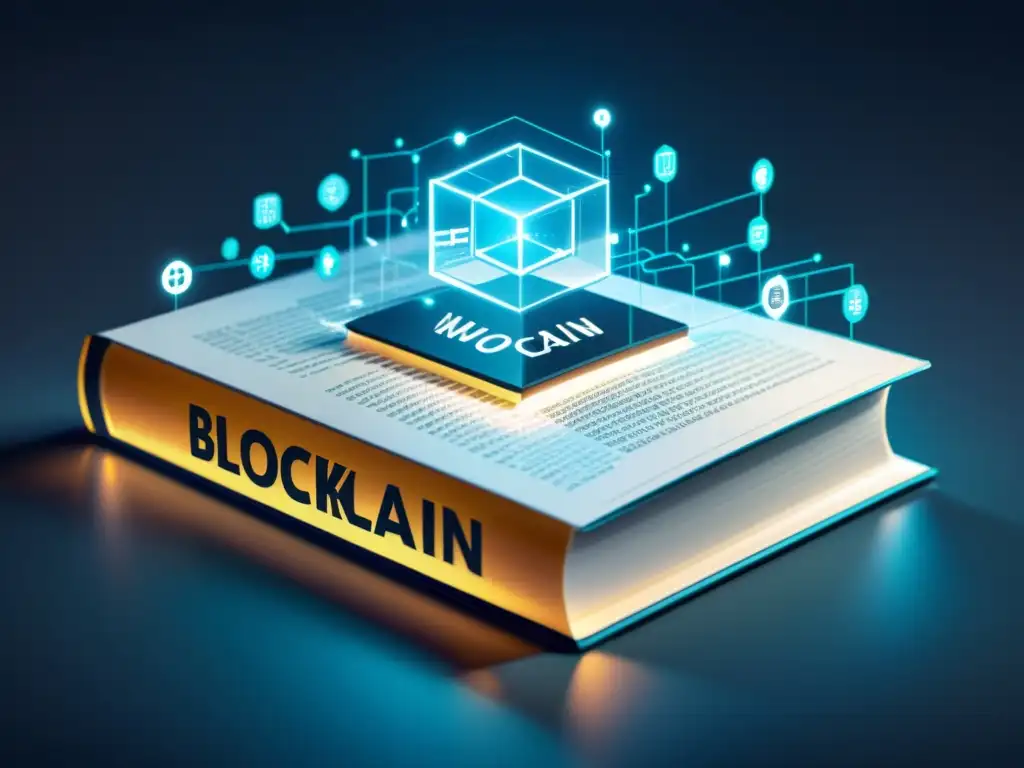 Imagen futurista de un libro transparente con código de blockchain, rodeado de activos digitales y contratos inteligentes