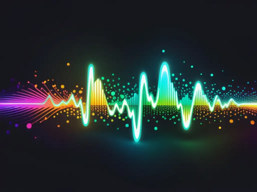 Imagen futurista de una onda musical AI con redes neuronales y colores vibrantes, simbolizando la intersección de la inteligencia artificial y los derechos de autor de la música