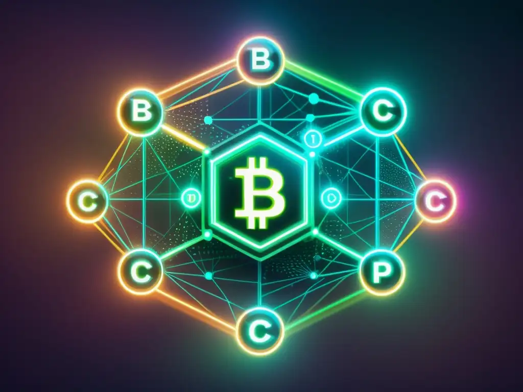Imagen futurista de una red blockchain transparente con símbolos de derechos de autor y visualizaciones de flujo de datos