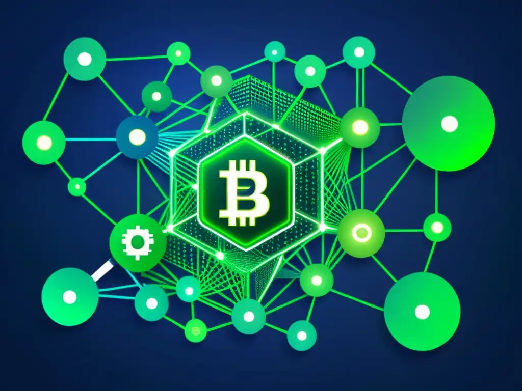 Imagen futurista de redes blockchain interconectadas, simbolizando desafíos de interoperabilidad en propiedad intelectual