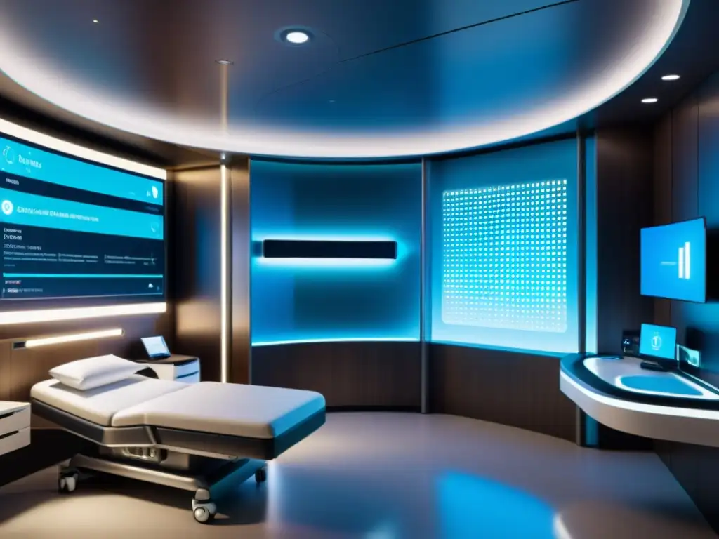 Una imagen de alta resolución de una futurista sala de hospital con tecnología de salud digital avanzada, creando una atmósfera calmada y futurista