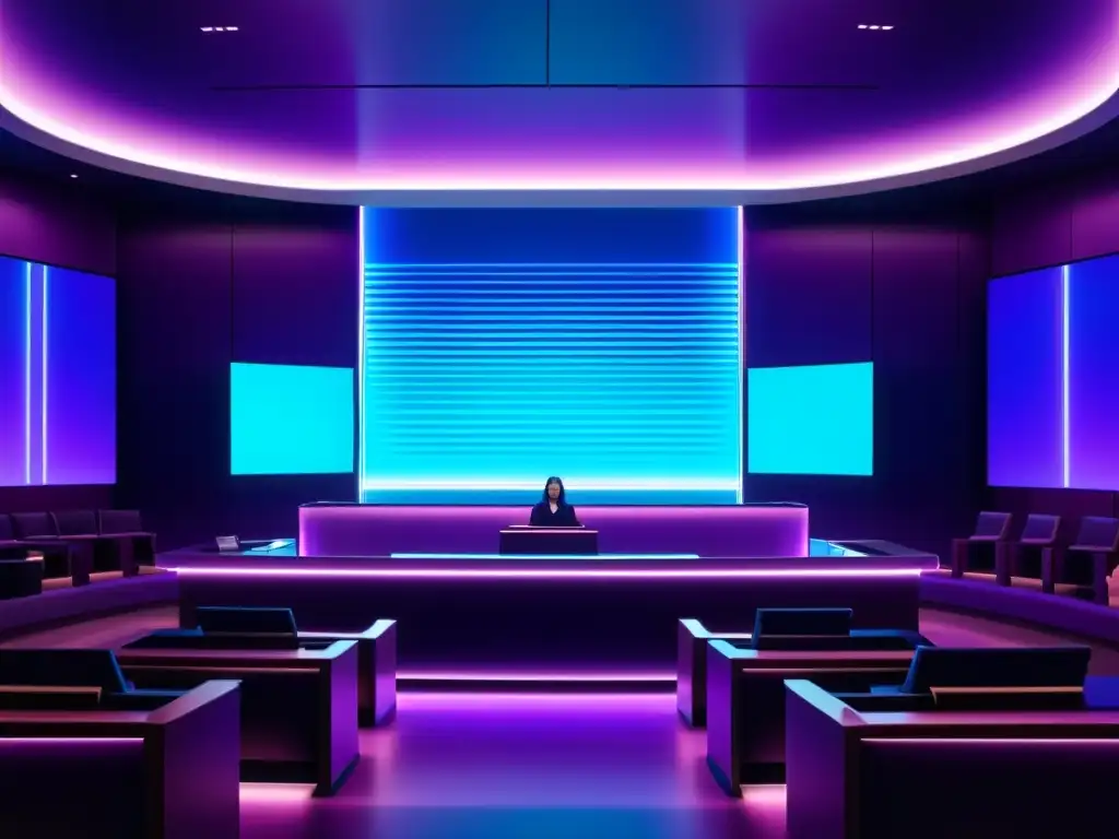 Imagen futurista de sala de tribunal digital con juez, hologramas y luz neón azul y púrpura