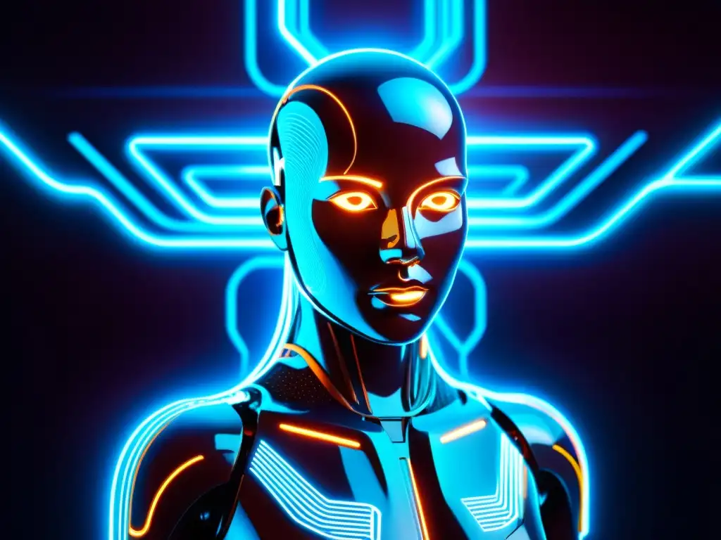 Imagen futurista de un ser humanoide fusionándose con circuitos, iluminado por luces neón en un fondo oscuro