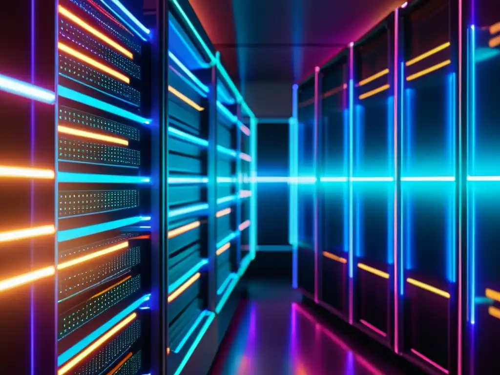 Una imagen futurista de servidores de datos interconectados, brillando con luces de neón, rodeados por un aura digital