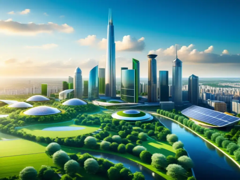 La imagen muestra un horizonte urbano moderno, ecoamigable y futurista con tecnología limpia: paneles solares, turbinas eólicas y espacios verdes
