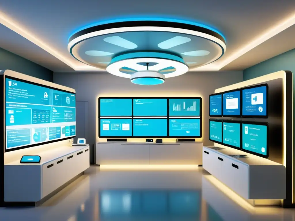 Imagen de un hospital futurista con sistemas de salud interconectados y propiedad intelectual, destacando la interoperabilidad tecnológica