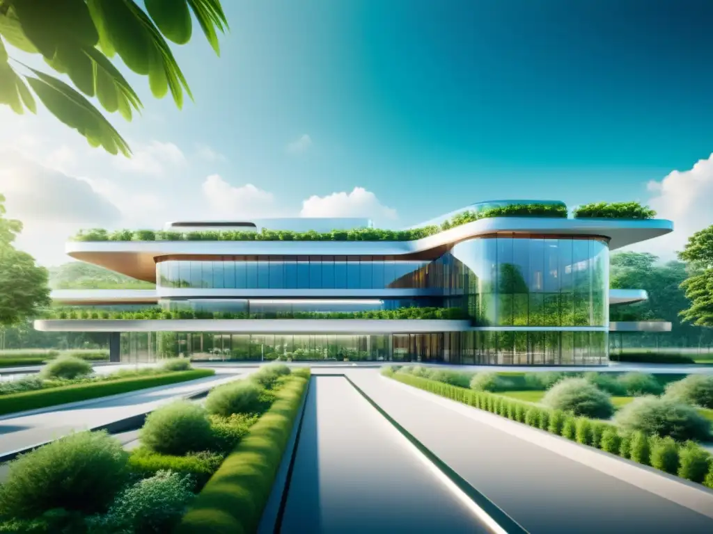 Imagen de un hospital futurista con tecnología de salud digital integrada en su diseño, rodeado de vegetación