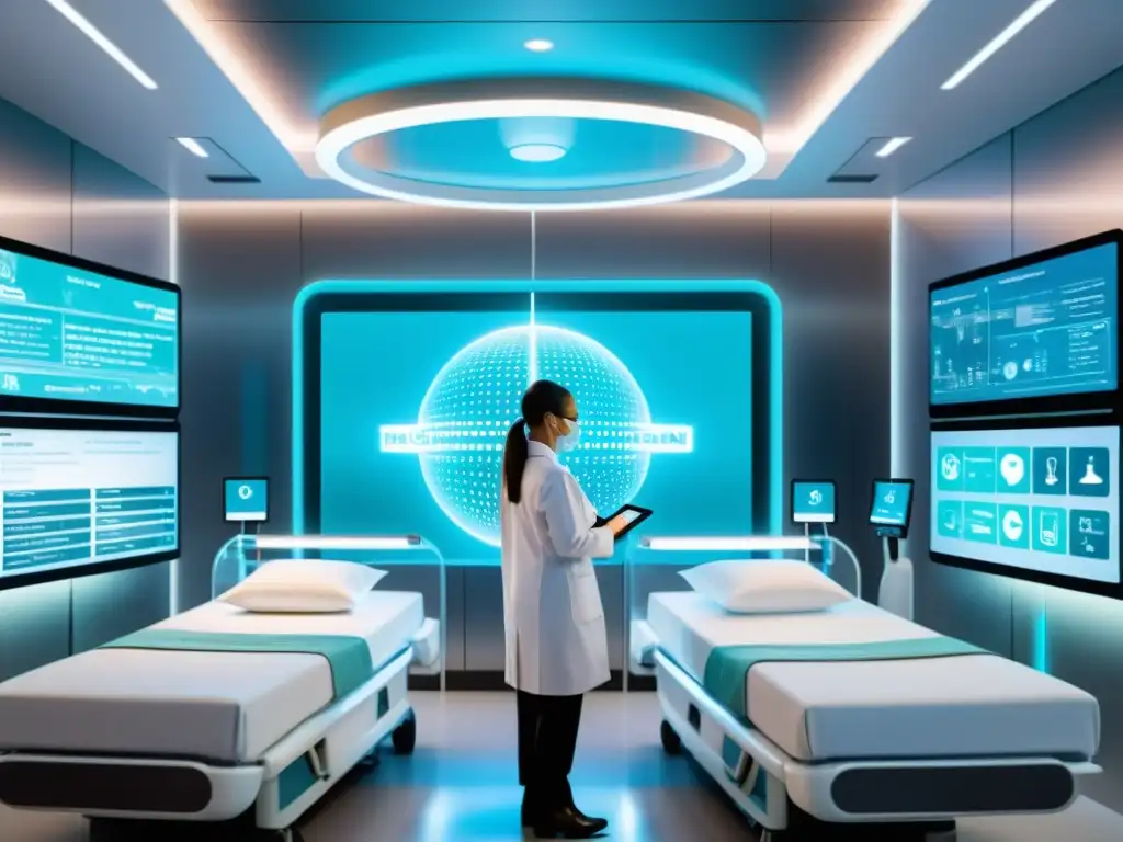 Imagen 8k de un hospital futurista con tecnología blockchain, protección intelectual en salud digital