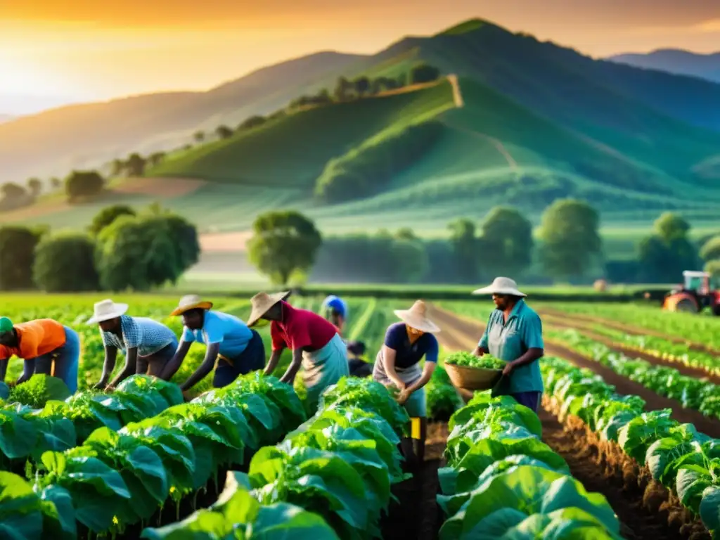 Imagen impactante de agricultores trabajando en un campo exuberante al atardecer, destacando la diversidad agrícola y la sostenibilidad