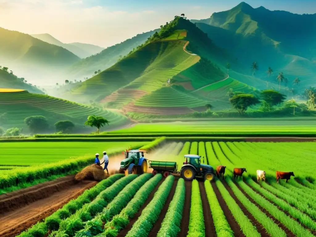 Imagen impactante de agricultores en campos verdes de países en desarrollo, mostrando diversidad y vitalidad en la agricultura