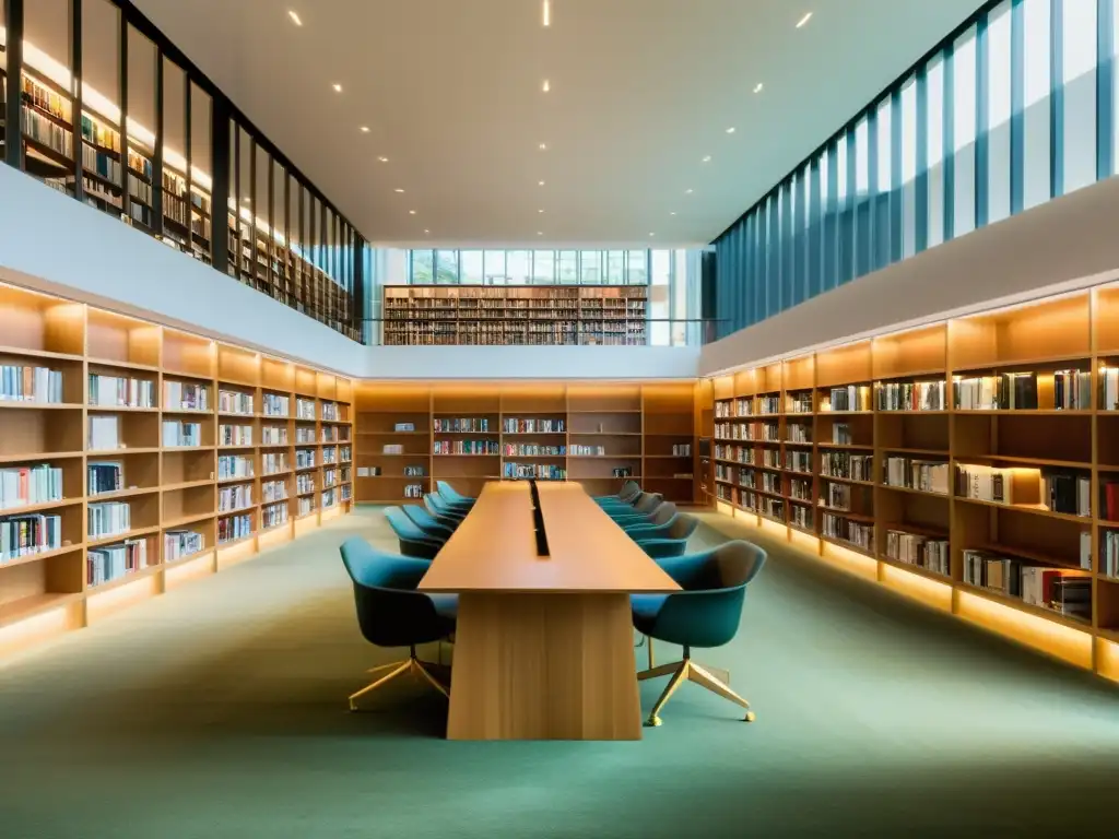 Imagen impactante de una biblioteca moderna con diseño minimalista, rebosante de luz natural y áreas de estudio