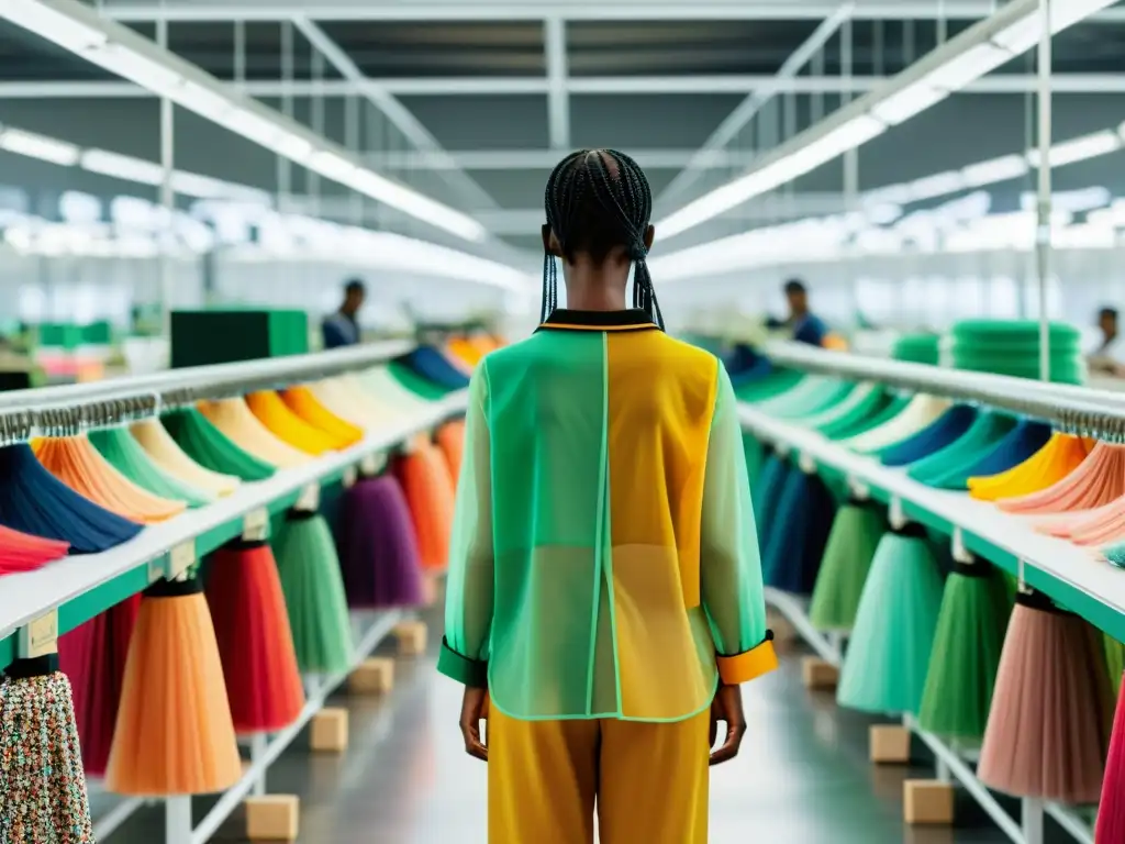 Imagen impactante de una cadena de suministro de moda sostenible, mostrando transparencia y el impacto en la propiedad intelectual