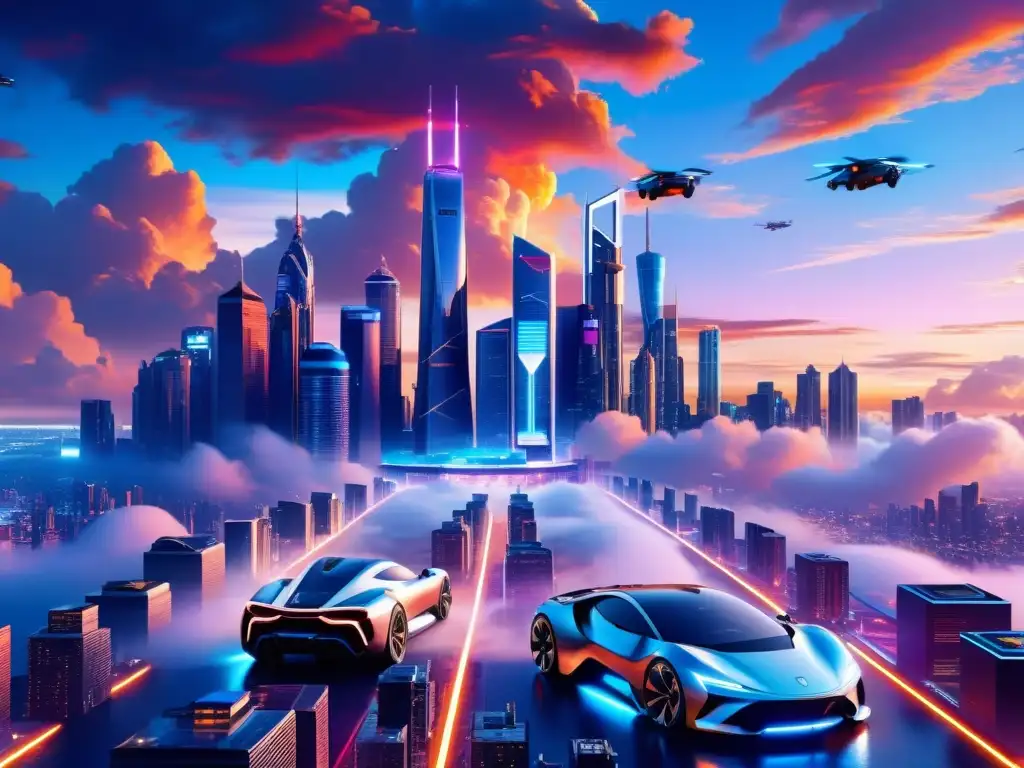Imagen impactante de una ciudad futurista en 8k ultra detalle, con rascacielos y autos voladores entre luces neón