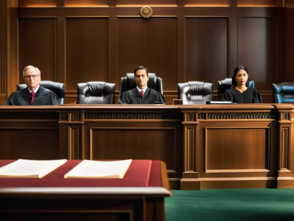 Imagen impactante de una escena en la corte, con abogados y juez, reflejando la intensidad de un litigio de patentes