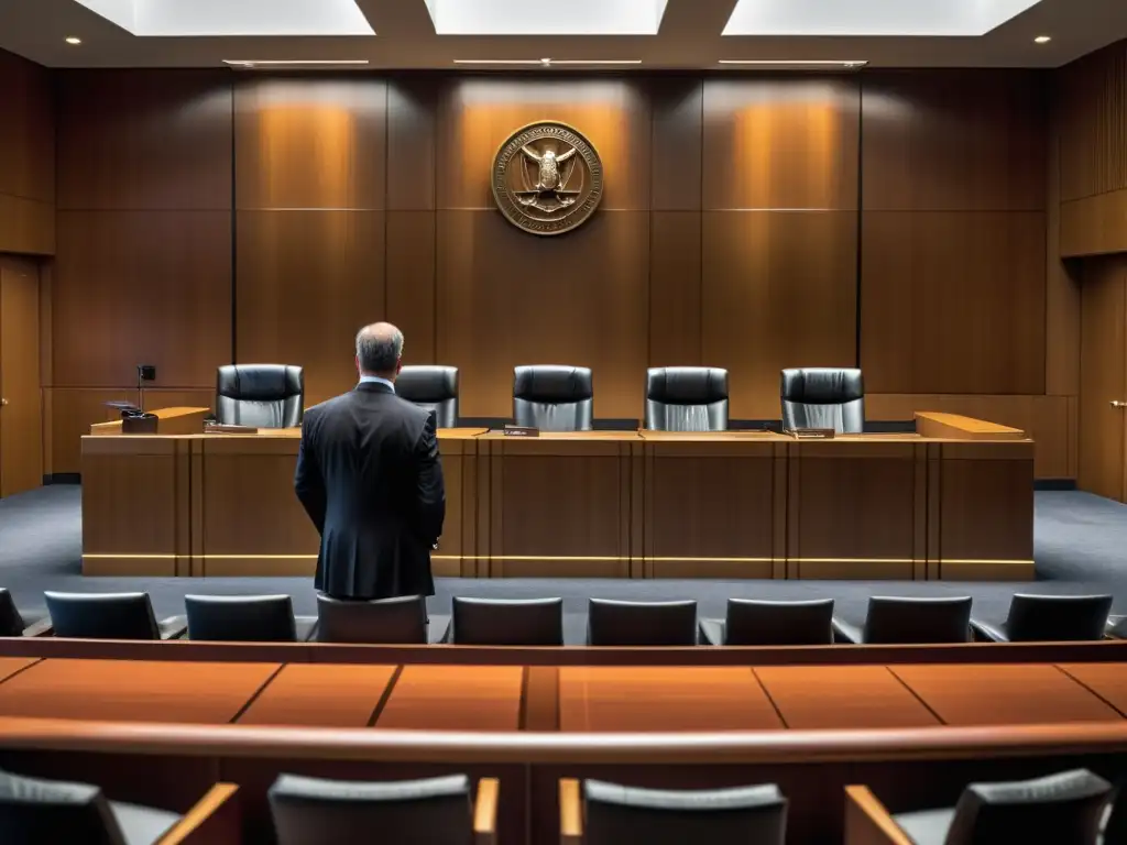 Imagen impactante de una escena en la corte con abogados y jueces, proyecta profesionalismo y conocimiento
