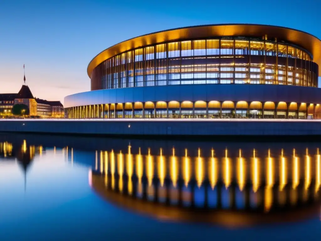 Imagen impactante del Parlamento Europeo en Estrasburgo al anochecer, con luces vibrantes