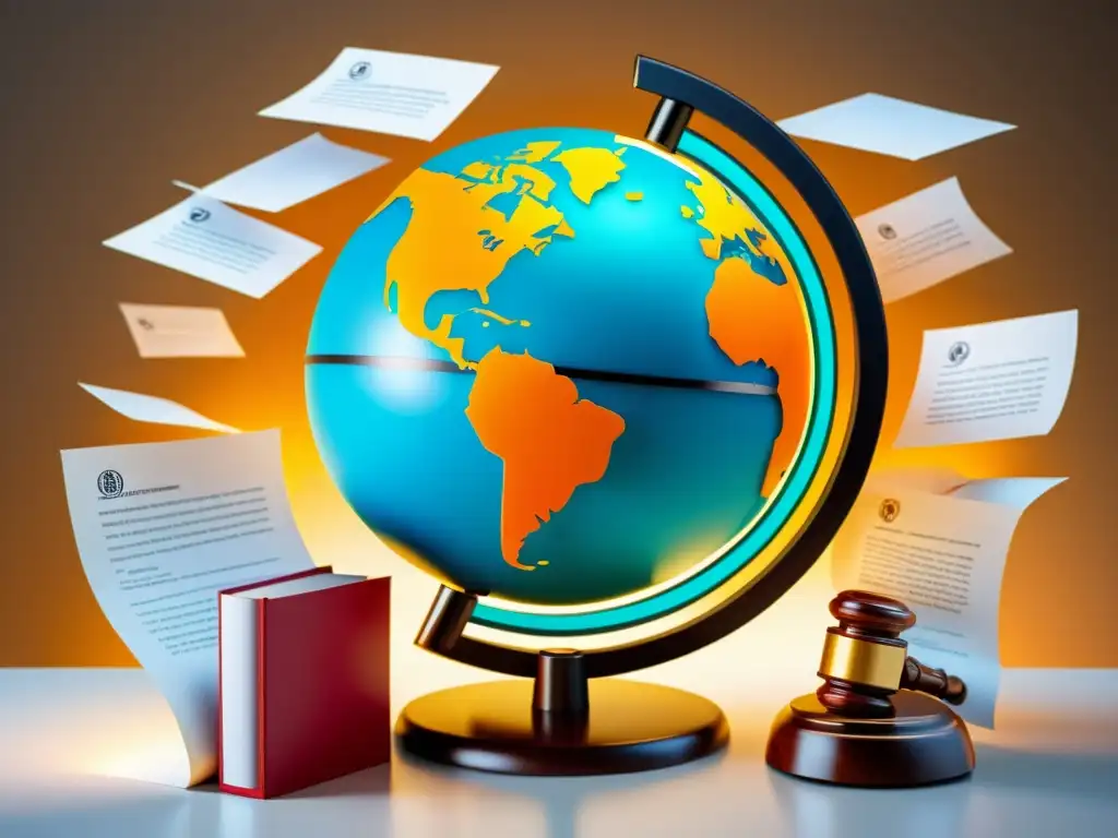 Una imagen impactante de un globo rodeado de documentos legales y símbolos de marca, transmitiendo proteger marca en extranjero estrategias legales