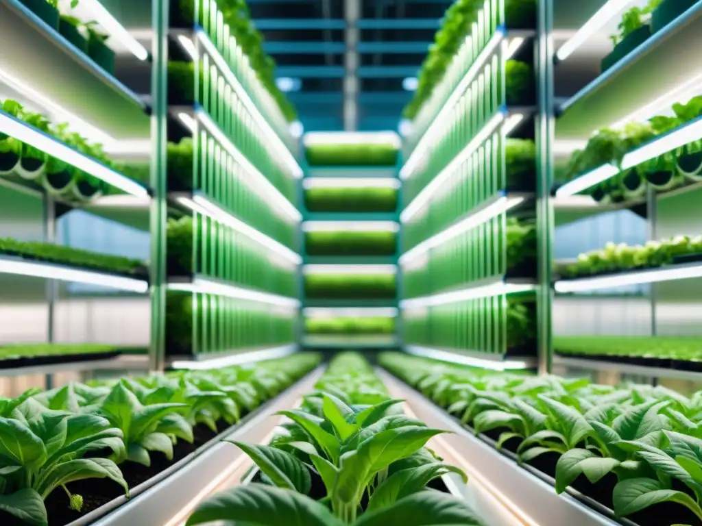 Imagen impactante de una granja vertical de última generación con cultivos verdes exuberantes bañados en cálida luz LED