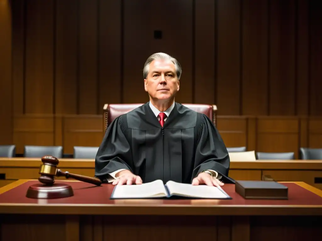 Imagen impactante de un juez presidiendo un juicio en una sala de tribunal elegante y moderna