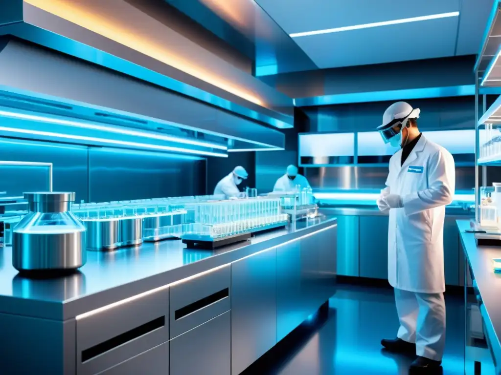 Imagen impactante de laboratorio farmacéutico con científicos en trajes protectores, tecnología futurista y ambiente estéril