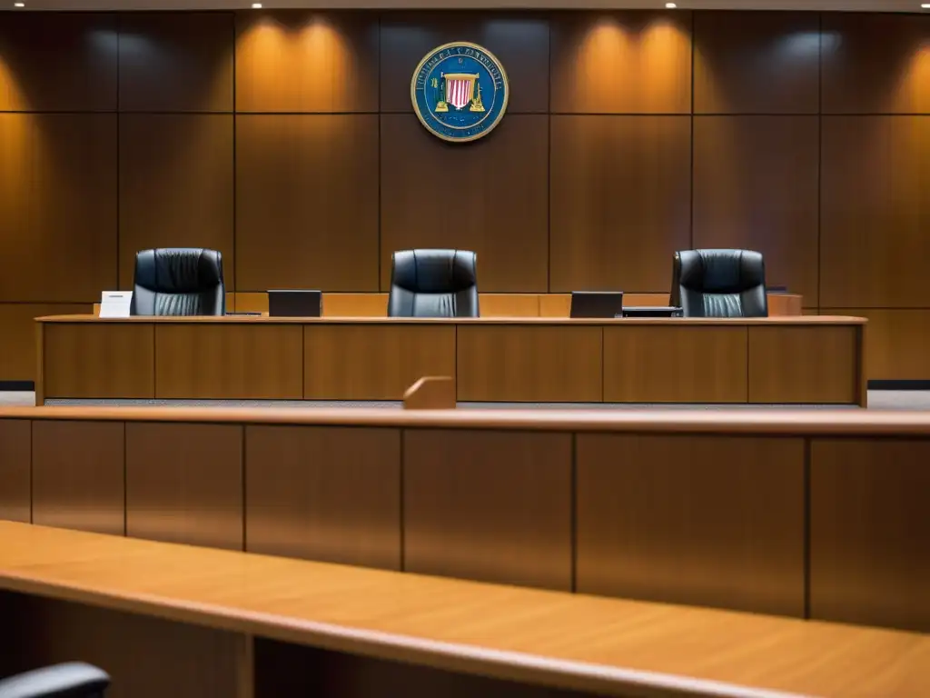 Imagen impactante de una moderna sala de tribunal, con jueces, abogados y público, proyectando seriedad y profesionalismo