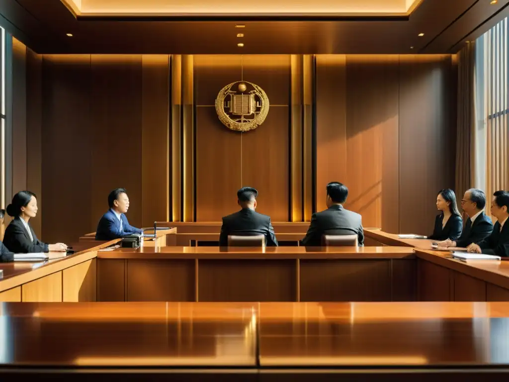 Imagen impactante de una moderna sala de tribunal china, bañada en luz natural, irradiando profesionalismo y autoridad legal