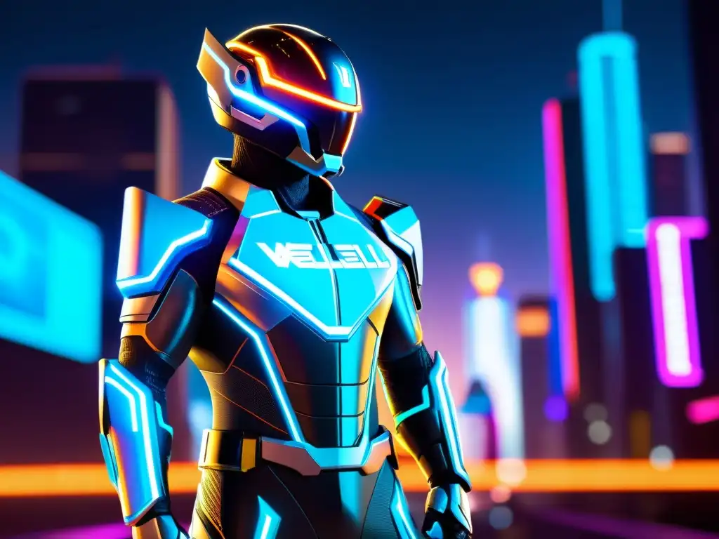 Imagen impactante de personaje de videojuego futurista con traje tecnológico y marcas reconocidas en la ciudad virtual