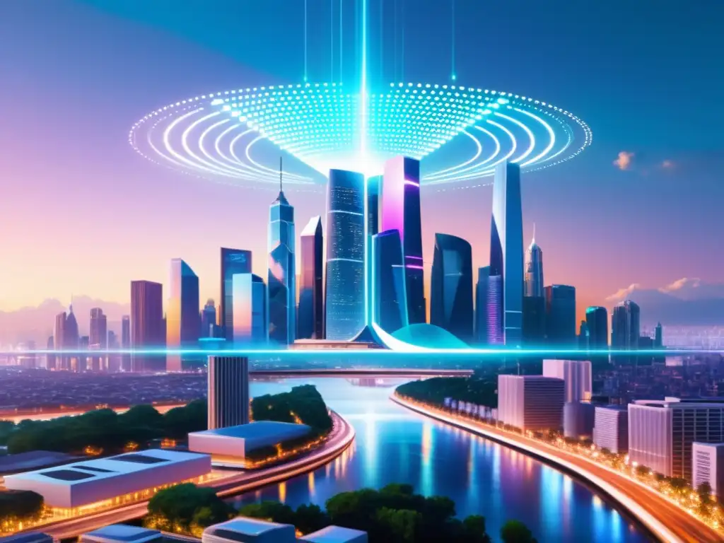 Imagen de impacto de la IA en derechos de autor: futurista ciudad con rascacielos, hologramas y debate ético entre abogados, expertos y artistas