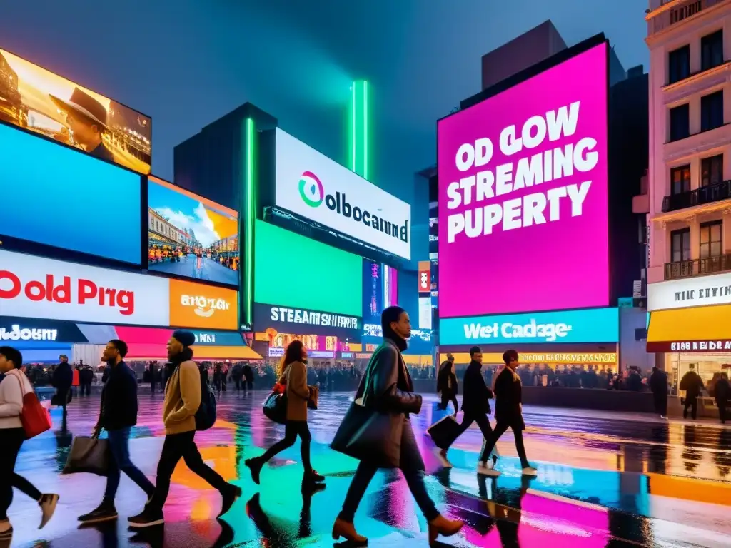 La imagen muestra el impacto del streaming en propiedad intelectual, con luces de neón y gente apresurada en una bulliciosa calle de la ciudad