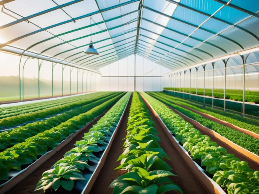 Imagen de invernadero moderno con cultivos verdes, tecnología avanzada y propiedad intelectual en agrotecnología