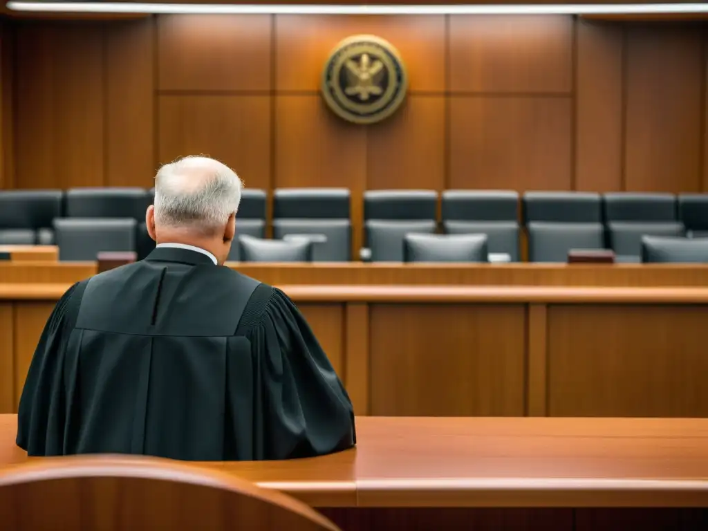 Imagen 8k de un juez presidiendo un juicio en un moderno tribunal, con iluminación dramática