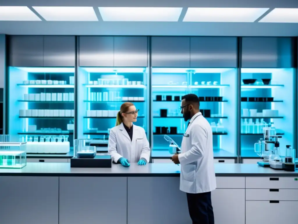 Imagen de laboratorio farmacéutico moderno con científicos trabajando en investigación de patentes de formulación para medicamentos
