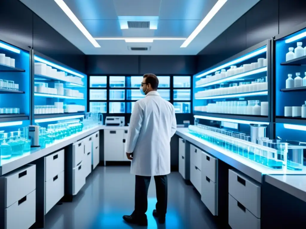 Imagen de laboratorio farmacéutico moderno con científicos en batas, tecnología avanzada y ambiente profesional