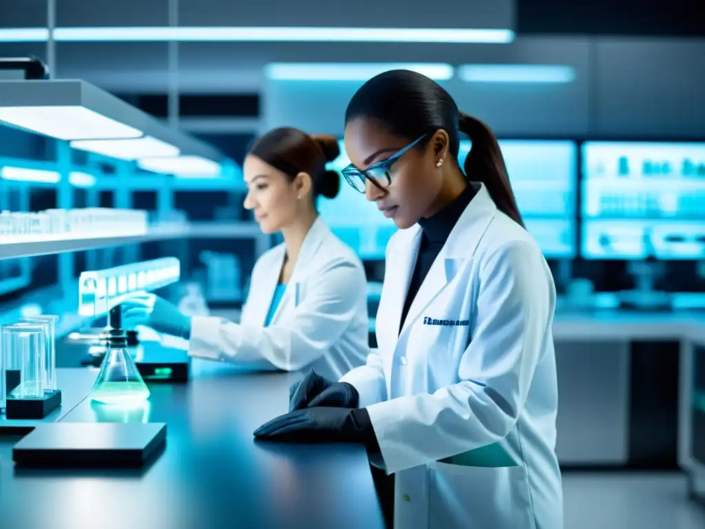 En la imagen se muestra un laboratorio farmacéutico moderno con científicos trabajando en equipos de vanguardia, transmitiendo profesionalismo y compromiso con la innovación en acuerdos de licenciamiento patentes farmacéuticas