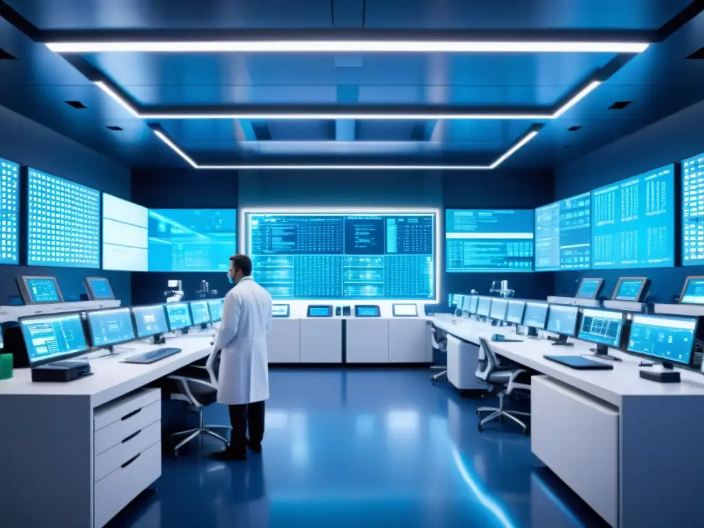 Imagen 8k de laboratorio futurista con científicos trabajando en tecnología de edición génica, rodeados de avanzado equipamiento y pantallas brillantes mostrando secuencias genéticas complejas, iluminados por una suave luz azul