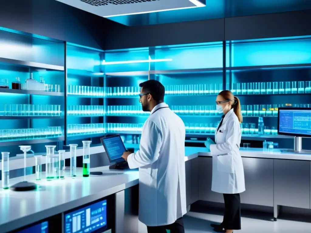 Imagen de un laboratorio de investigación farmacéutica moderno, científicos trabajando con tubos de ensayo y tecnología futurista