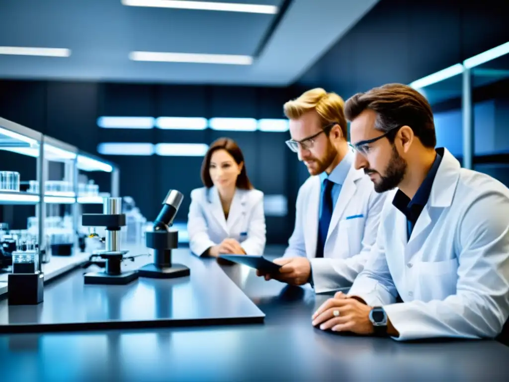 Imagen de un laboratorio moderno con investigadores y emprendedores colaborando en la transferencia de tecnología y propiedad intelectual