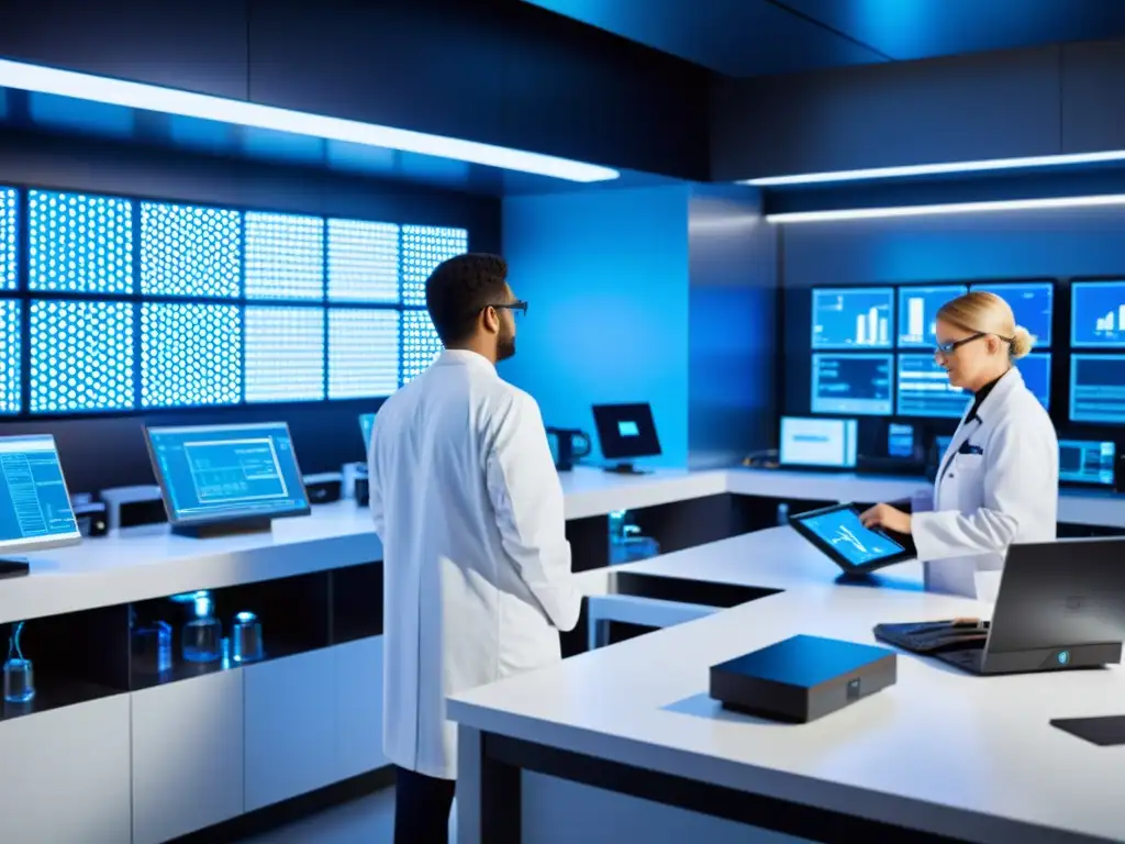 Imagen de laboratorio de nanotecnología con científicos trabajando en experimentos, equipo futurista y tecnología moderna