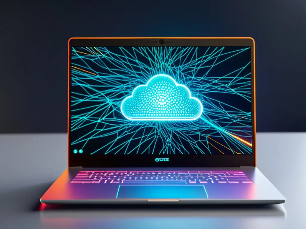 Imagen de laptop futurista con código abierto mostrando modelos de negocio software libre, estilo moderno y sofisticación tecnológica